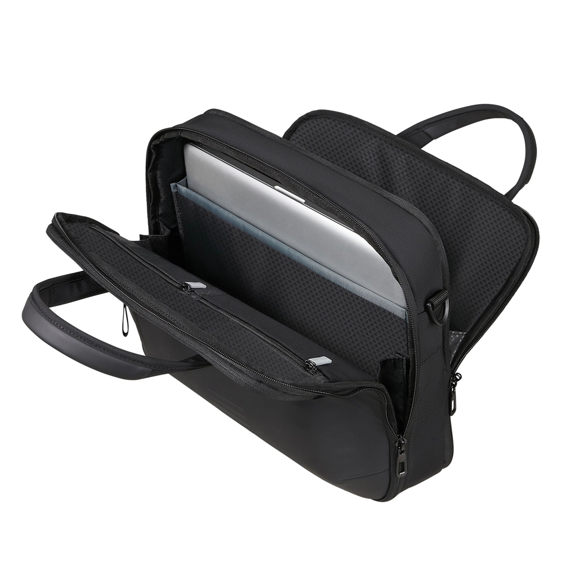 Samsonite Moderne Computer Taske 15,6" sort, vandafvisende, to håndtag, flere rum og lommer, organiseret interiør.