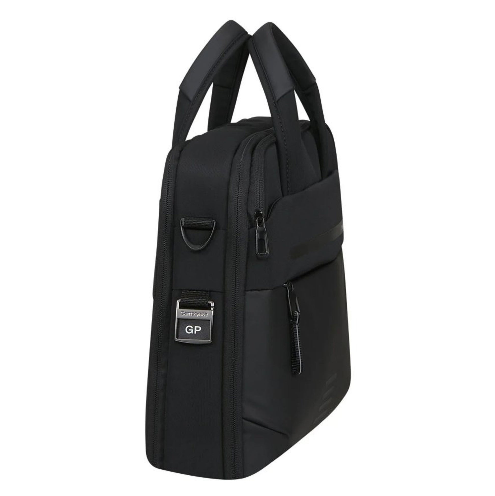 Samsonite Moderne computertaske 15,6" sort med to bærehåndtag, flere lynlåslommer og metal GP-logo set fra siden.
