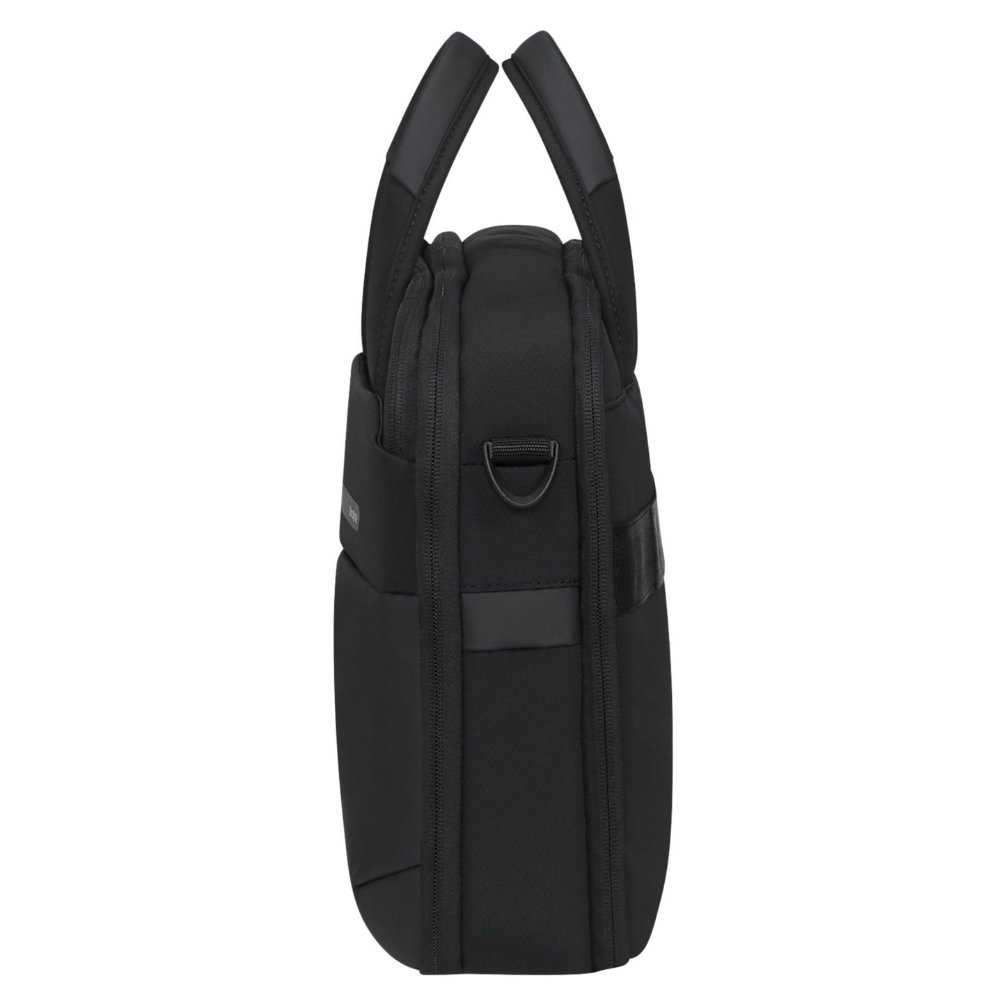 Samsonite Moderne Computer Taske 15,6" i sort, to polstrede top-håndtag, D-ring på siden, slidstærkt materiale, sideview.