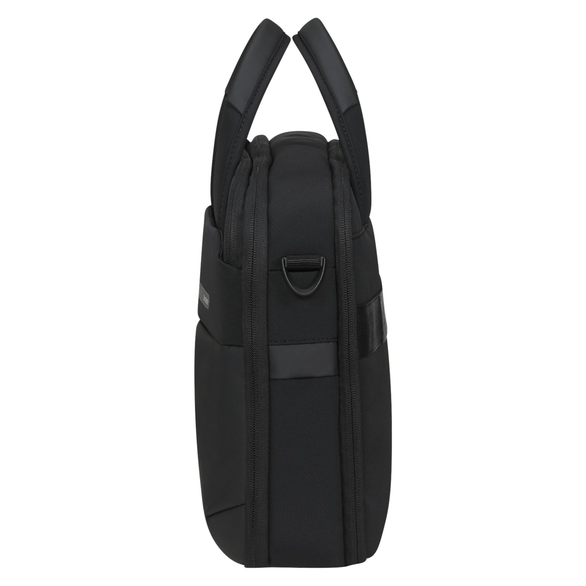 Samsonite Moderne Computer Taske 15,6" i sort, to polstrede top-håndtag, D-ring på siden, slidstærkt materiale, sideview.