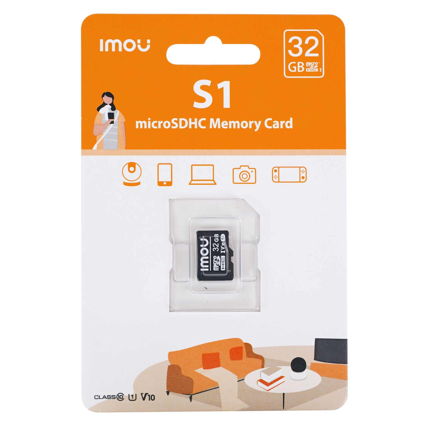 Imou S1 microSD-hukommelseskort 32GB emballage med kompatibilitetsikoner og stueillustration, orange sofa.