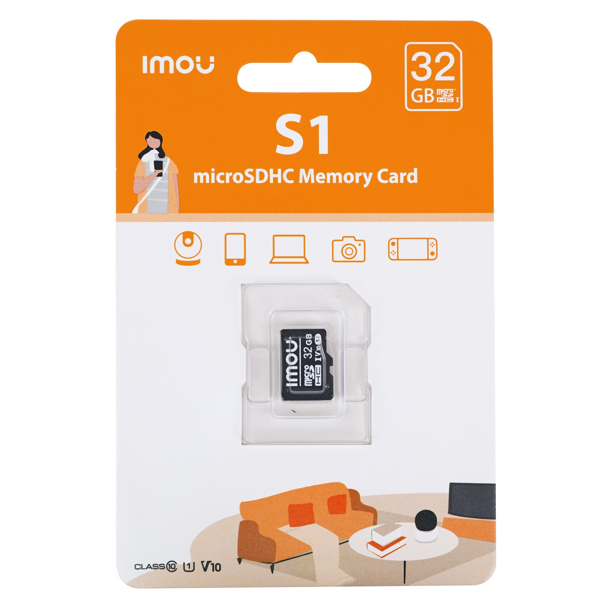 Imou S1 microSD-hukommelseskort 32GB emballage med kompatibilitetsikoner og stueillustration, orange sofa.