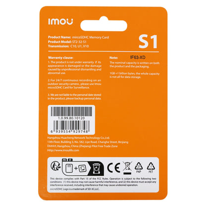 Imou S1 microSD-kort 32 GB bagside, orange emballage med garantioplysninger, stregkode, overensstemmelsessymboler.
