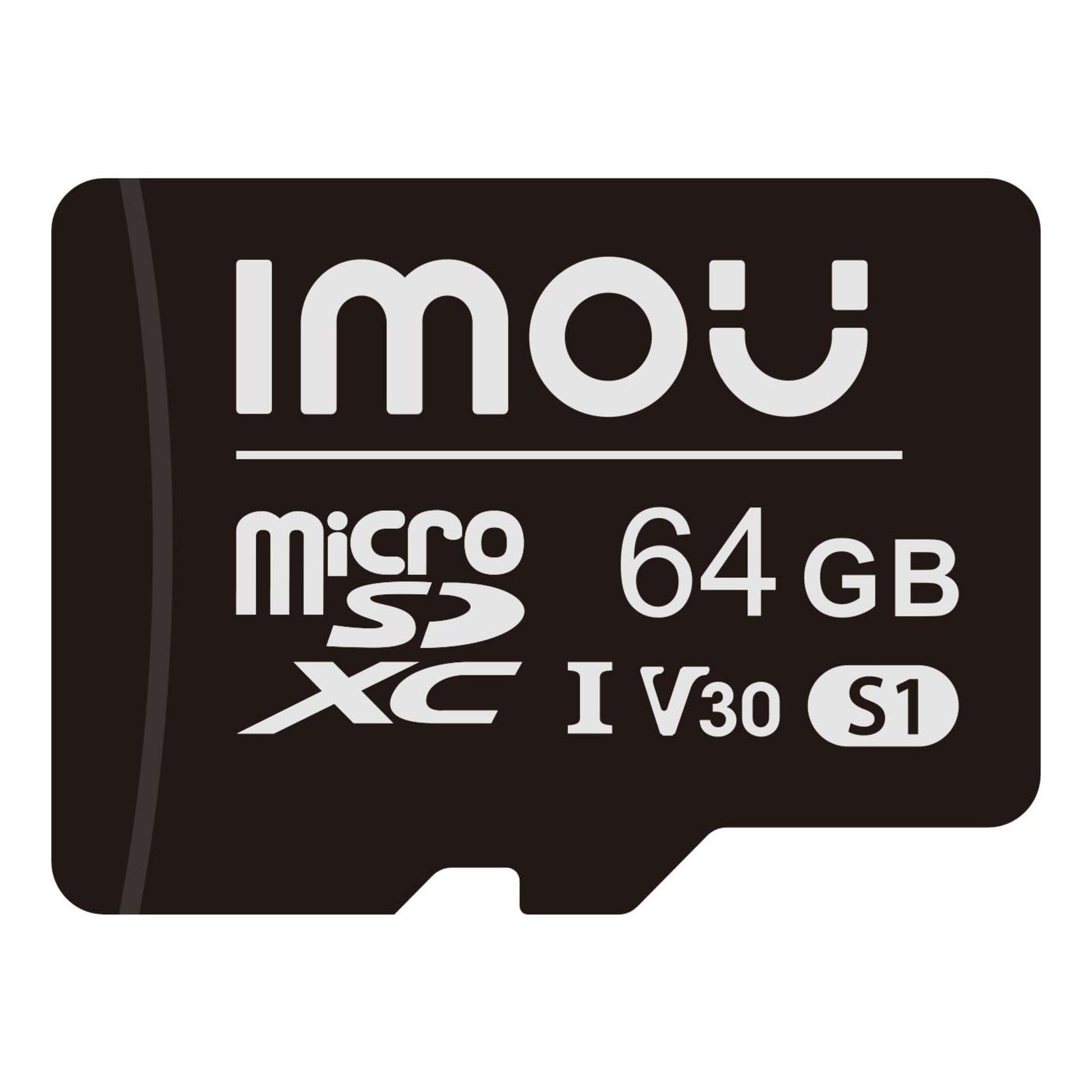 Imou S1 microSD hukommelseskort 64GB V30 frontvisning med hvid tekst.