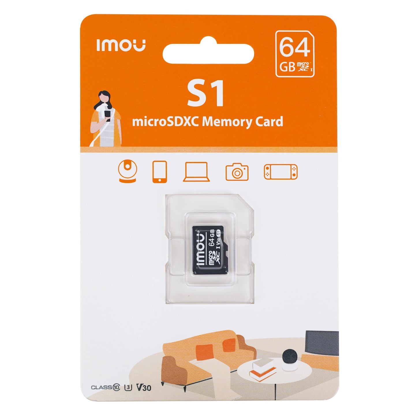 Imou S1 microSD-kort 64 GB i detailæske med orange/hvidt design og enhedssymboler.