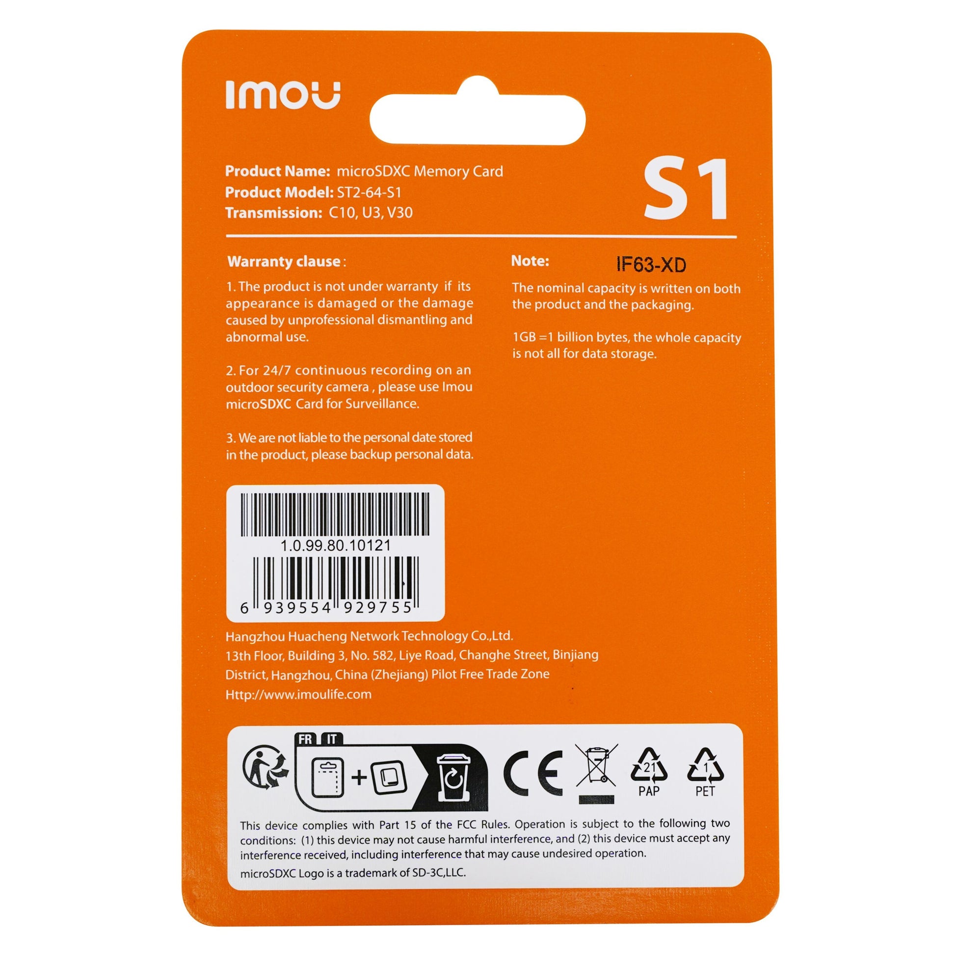 Imou S1 microSD-hukommelseskort 64 GB bagside med detaljeinfo, garanti, stregkode og certificeringer på orange pakke.