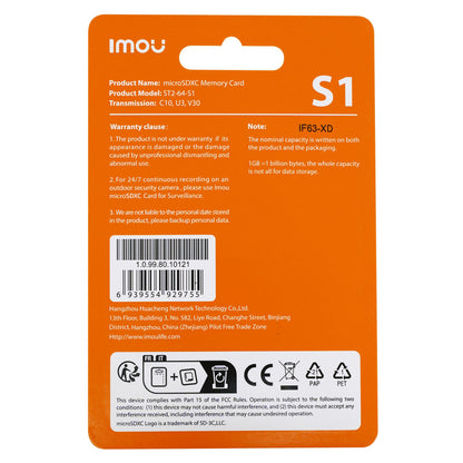 Imou S1 microSD-hukommelseskort 64 GB bagside med detaljeinfo, garanti, stregkode og certificeringer på orange pakke.