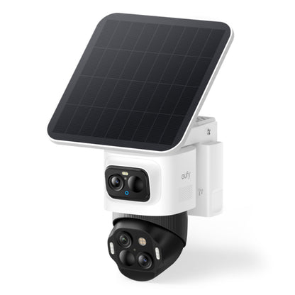 Eufy EufyCam S4 Solo 3-i-1 overvågningskamera, to linser, bevægelsessensor, sort solpanel på toppen, vægmontering.