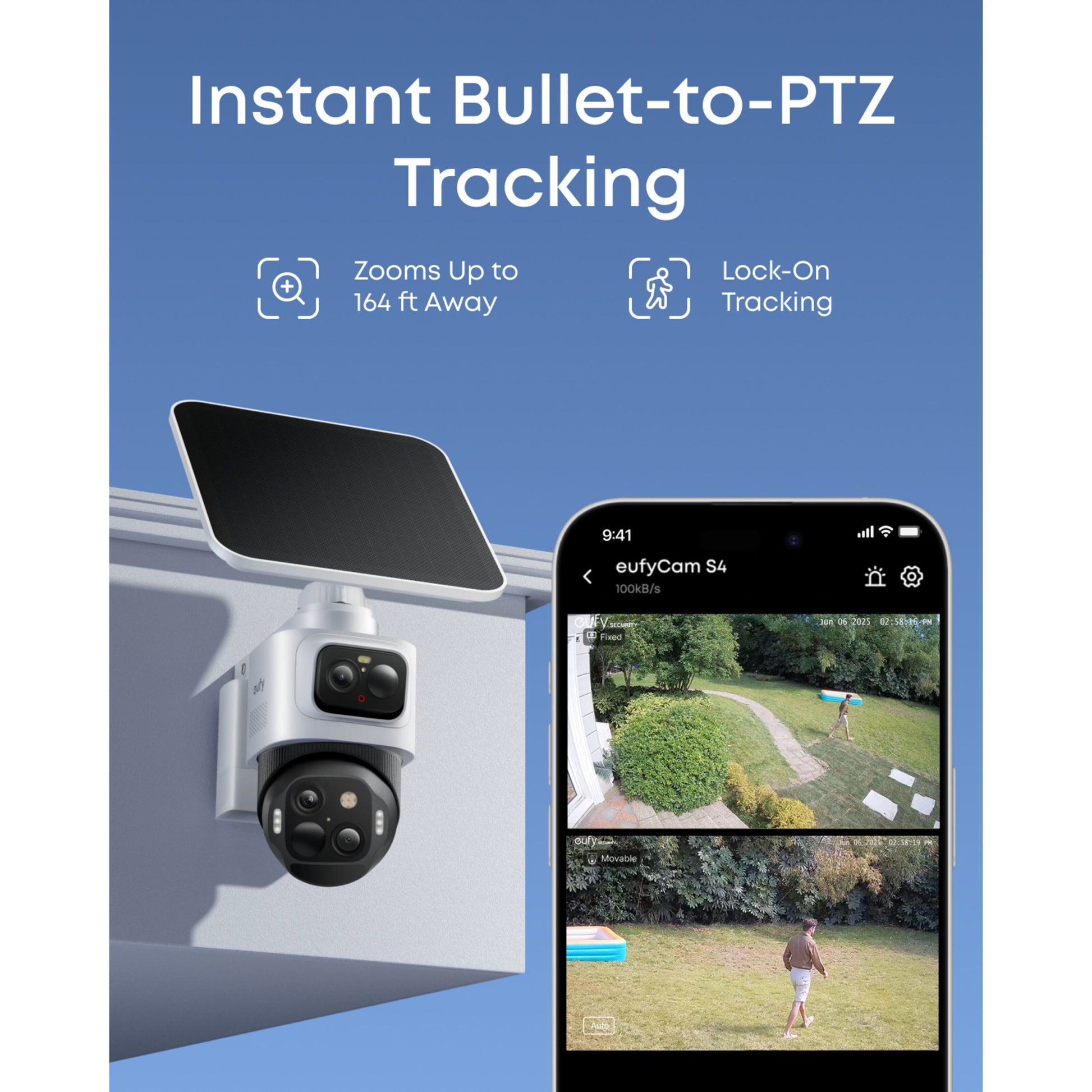 Eufy EufyCam S4 Solo 3-i-1 overvågningskamera med solpanel monteret på bygning, live feed på smartphone med tracking.