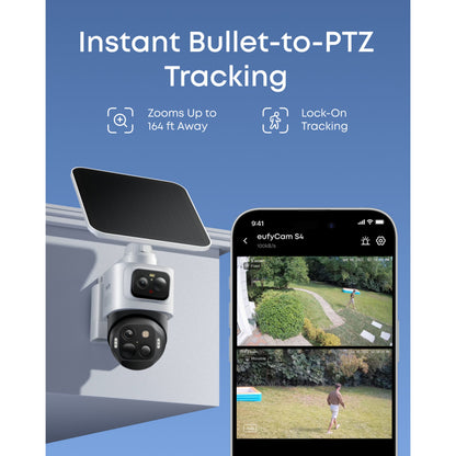Eufy EufyCam S4 Solo 3-i-1 overvågningskamera med solpanel monteret på bygning, live feed på smartphone med tracking.