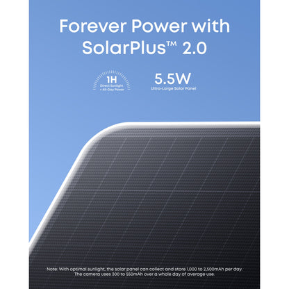 EufyCam S4 Solo 3-i-1 overvågningskamera med 5,5W solpanel og tekst: Forever Power under blå himmel.