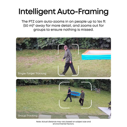 Eufy EufyCam S4 Solo 3-i-1 overvågningskamera med solpanel viser automatisk sporing af personer ved have og pool.