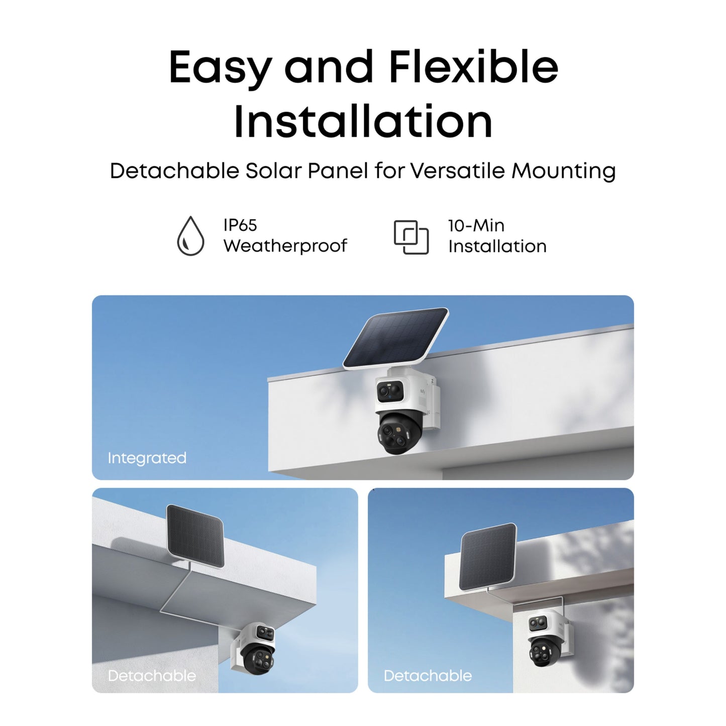 Eufy EufyCam S4 Solo 3-i-1 overvågningskamera med solpanel, monteret ude, vises med IP65 og 10-min installation ikon.