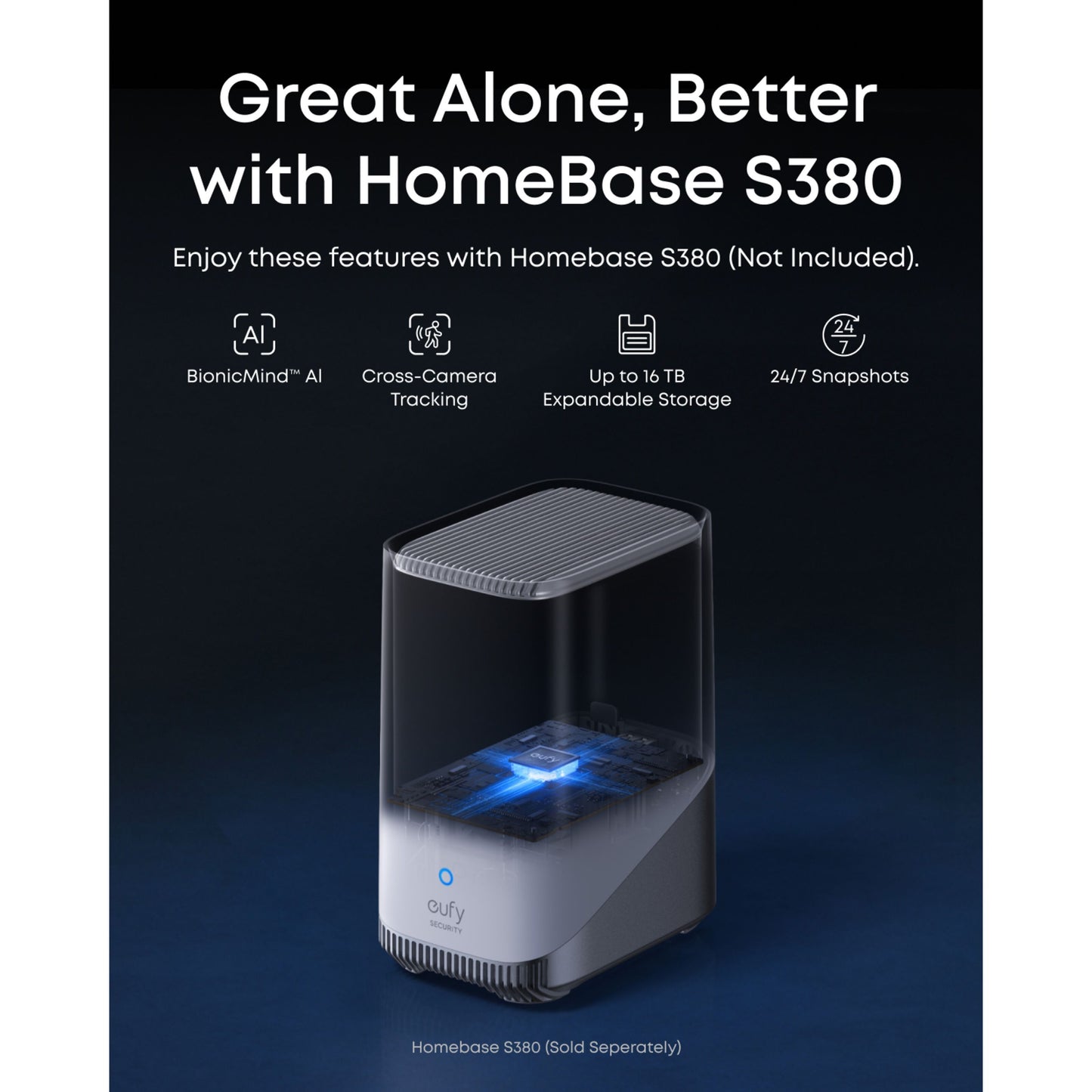Eufy EufyCam S4 Solo 3-i-1 overvågningskamera med solpanel, BionicMind AI, cross-camera tracking, 16TB storage, sælges separat.
