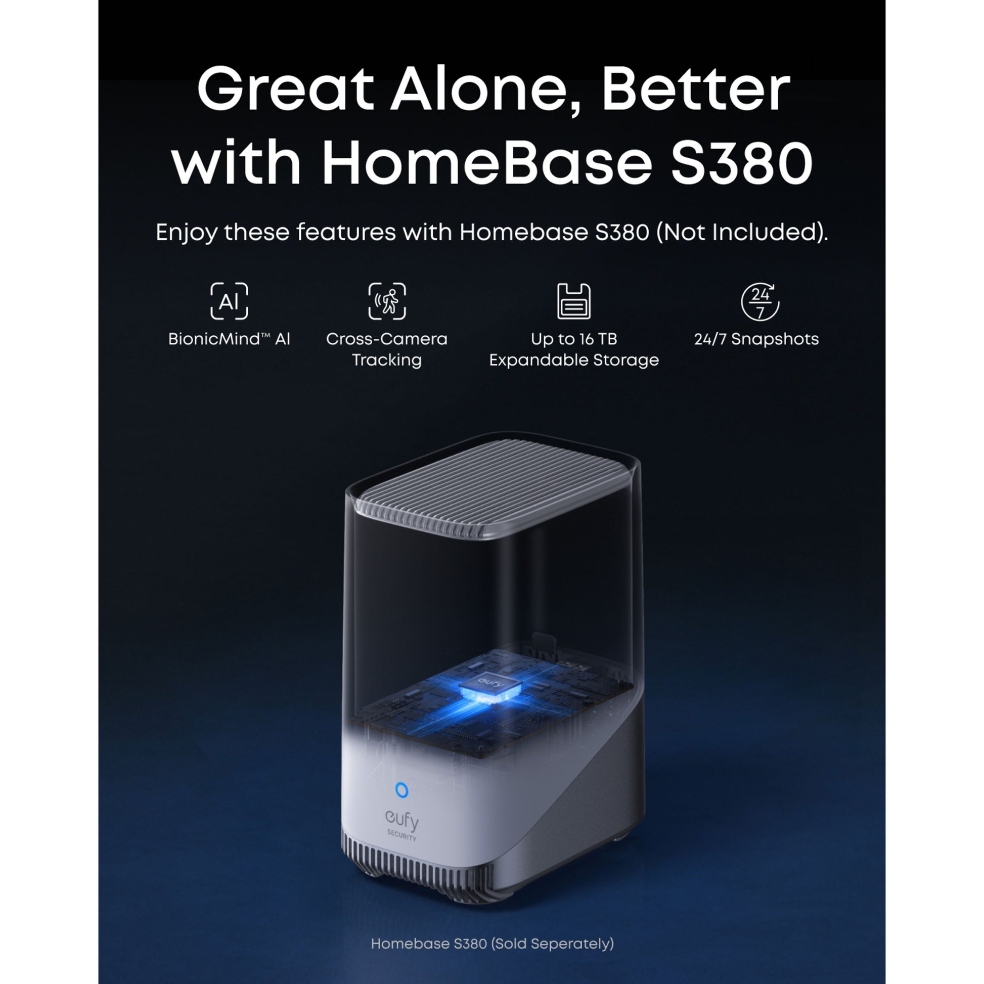 Eufy EufyCam S4 Solo 3-i-1 overvågningskamera med solpanel, BionicMind AI, cross-camera tracking, 16TB storage, sælges separat.