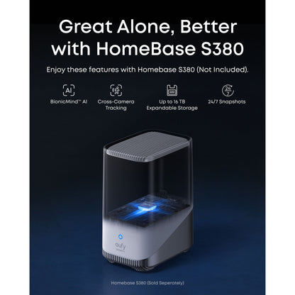 Eufy EufyCam S4 Solo 3-i-1 overvågningskamera med solpanel, BionicMind AI, cross-camera tracking, 16TB storage, sælges separat.