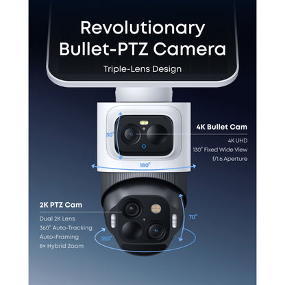 Eufy EufyCam S4 Solo 3-i-1 overvågningskamera med solpanel, tre linser, 4K bullet, 2K PTZ, 360° tracking, 8× hybrid zoom.