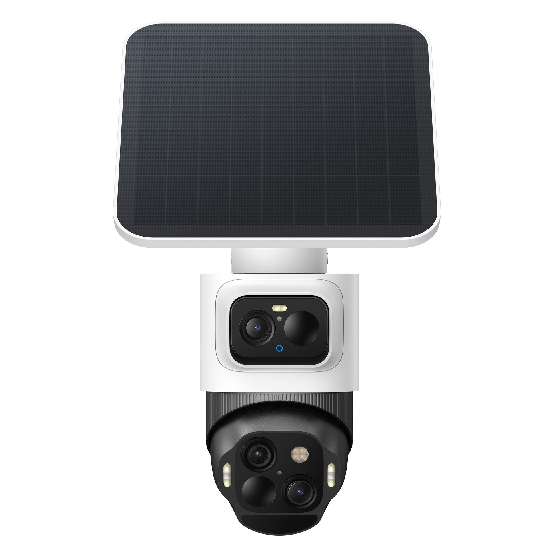 Eufy EufyCam S4 Solo 3-i-1 udendørs kamera med rektangulært solpanel og kameraenhed med flere linser og sensorer.