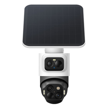 Eufy EufyCam S4 Solo 3-i-1 udendørs kamera med rektangulært solpanel og kameraenhed med flere linser og sensorer.