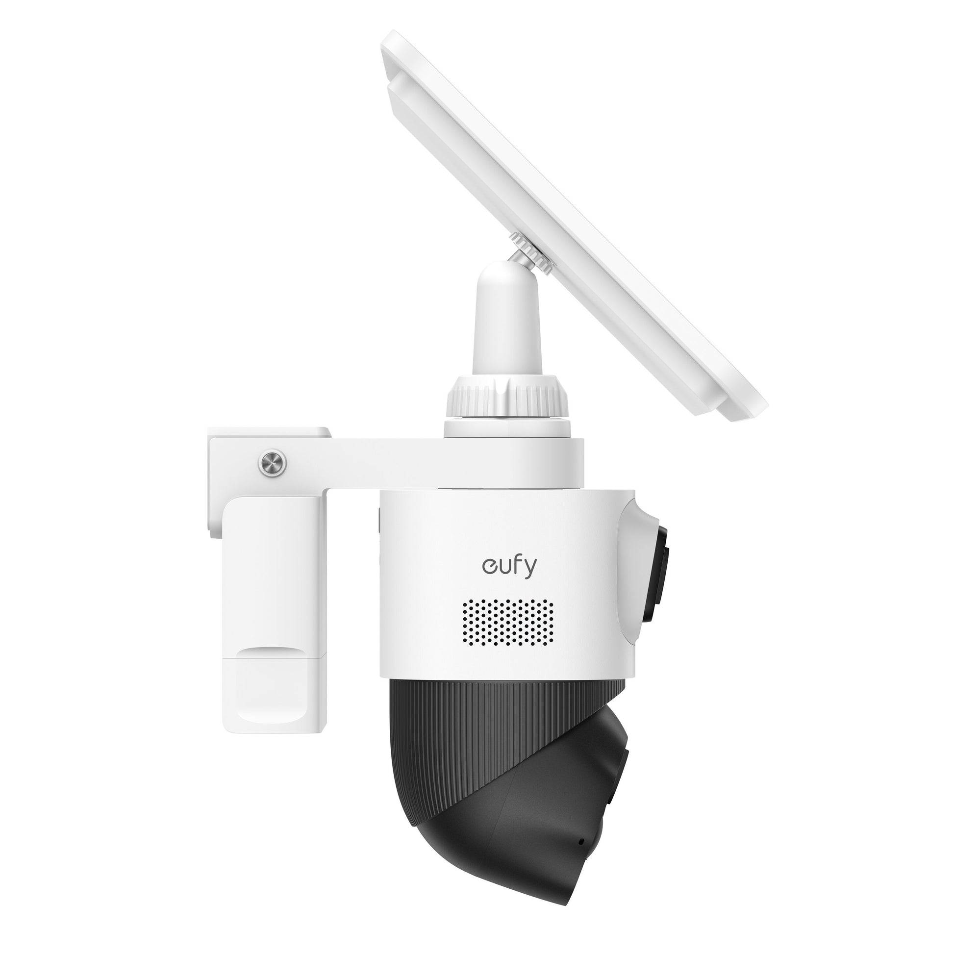 Eufy EufyCam S4 Solo 3-i-1 hvid-sort overvågningskamera med solpanel på vægbeslag set fra siden.