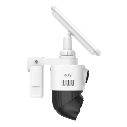 Eufy EufyCam S4 Solo 3-i-1 hvid-sort overvågningskamera med solpanel på vægbeslag set fra siden.