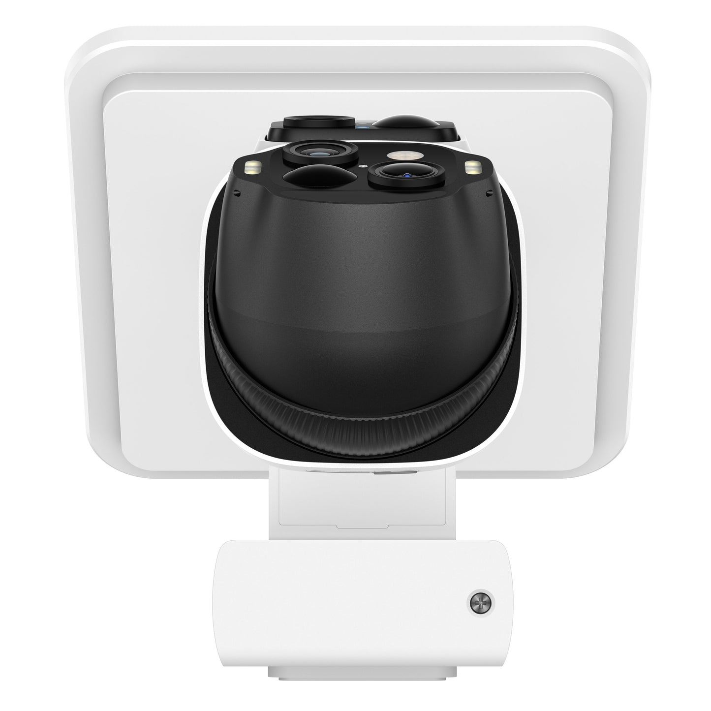 Eufy EufyCam S4 Solo 3-i-1 hvidt udendørs overvågningskamera med solpanel, monteret på stativ.