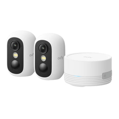Eufy eufyCam C35 trådløs overvågningskamera 2-pak med rund basestation, hvid, lokal lagring.