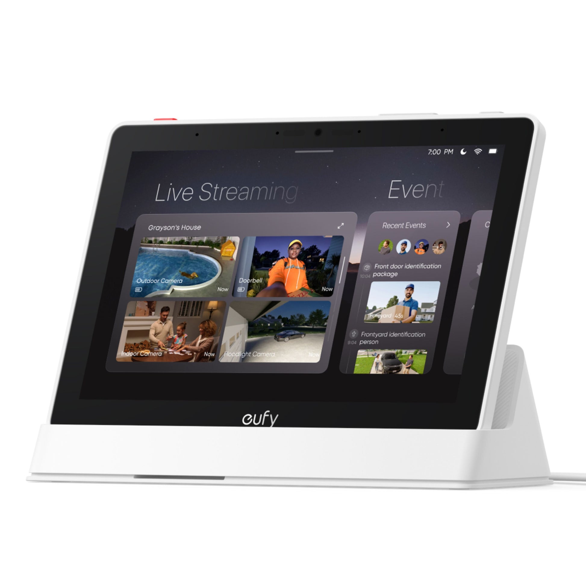 Eufy Smart Display E10 sikkerhedsdisplay med touchscreen viser live stream og notifikationer fra overvågningskameraer.