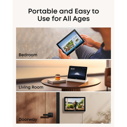 Eufy Smart Display E10 sikkerhedsdisplay hvid set på bord, ved dør og på væg, synlig skærm og kompakt design.