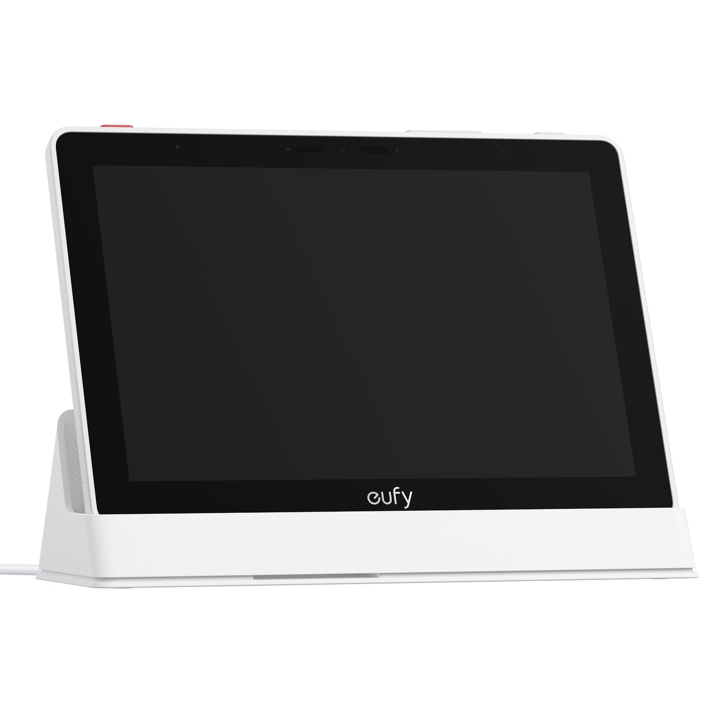 Eufy Smart Display E10 sikkerhedsdisplay, hvid med sort skærm og matchende base, vinklet let mod højre.