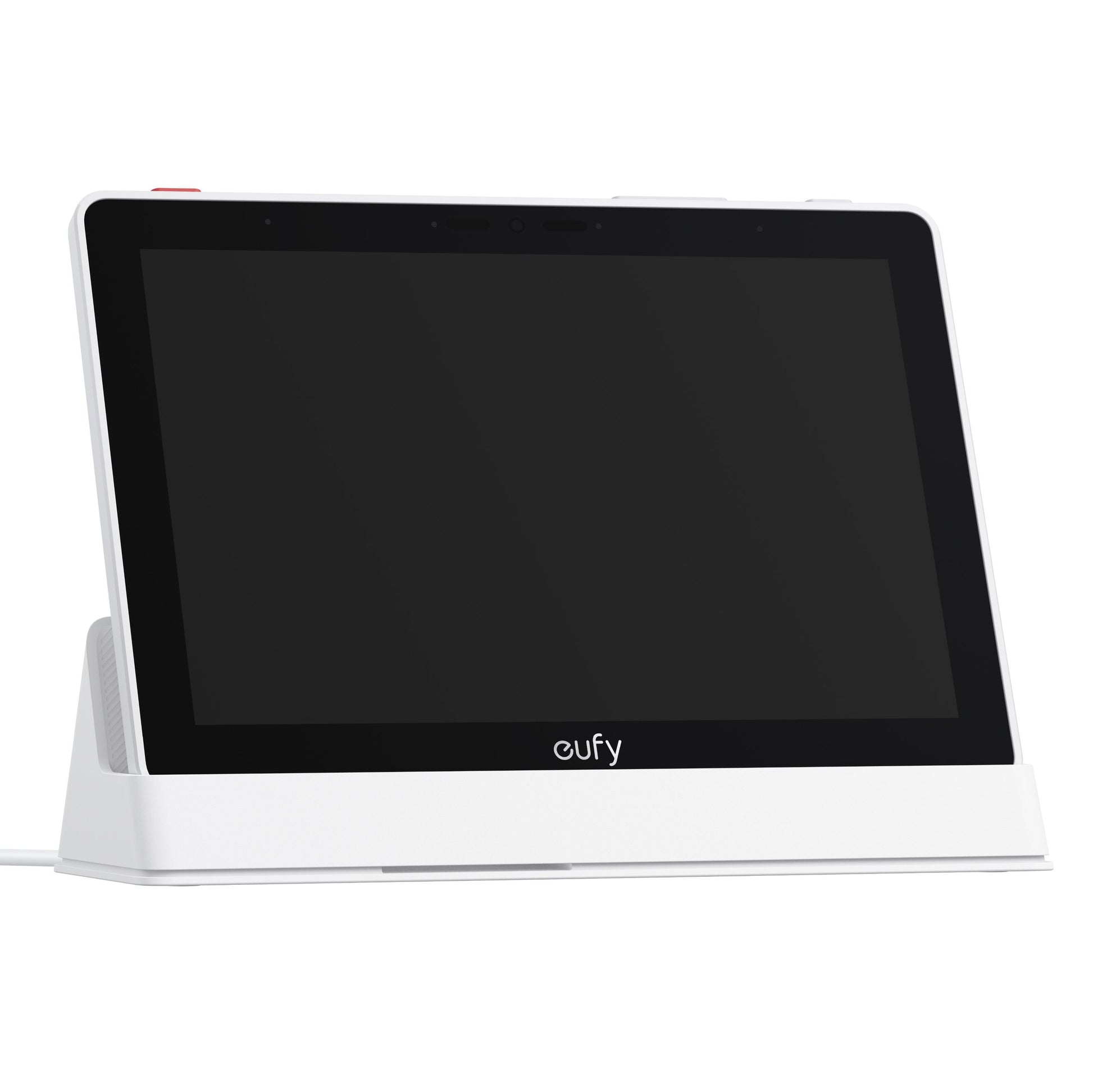 Eufy Smart Display E10 sikkerhedsdisplay, hvid med sort skærm og matchende base, vinklet let mod højre.