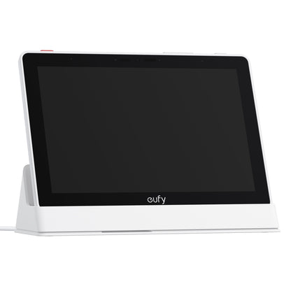 Eufy Smart Display E10 sikkerhedsdisplay, hvid med sort skærm og matchende base, vinklet let mod højre.