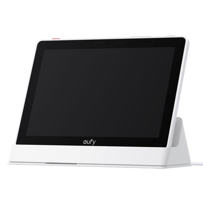 Eufy Smart Display E10 sikkerhedsdisplay, sort skærm, hvid ramme og fod, opladerkabel tilsluttet højre side.