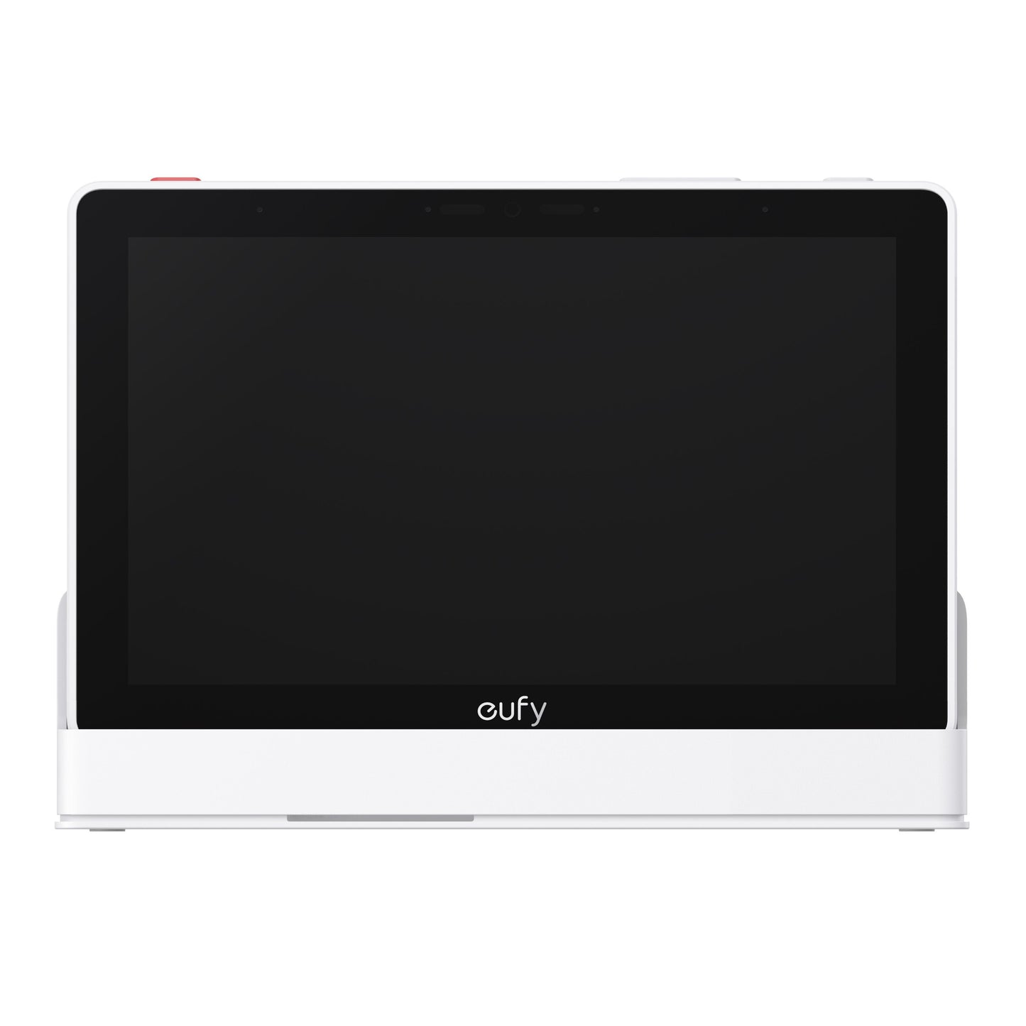 Eufy Smart Display E10 sikkerhedsdisplay sort front, stor skærm, berøringsknapper i toppen, centreret Eufy-logo.