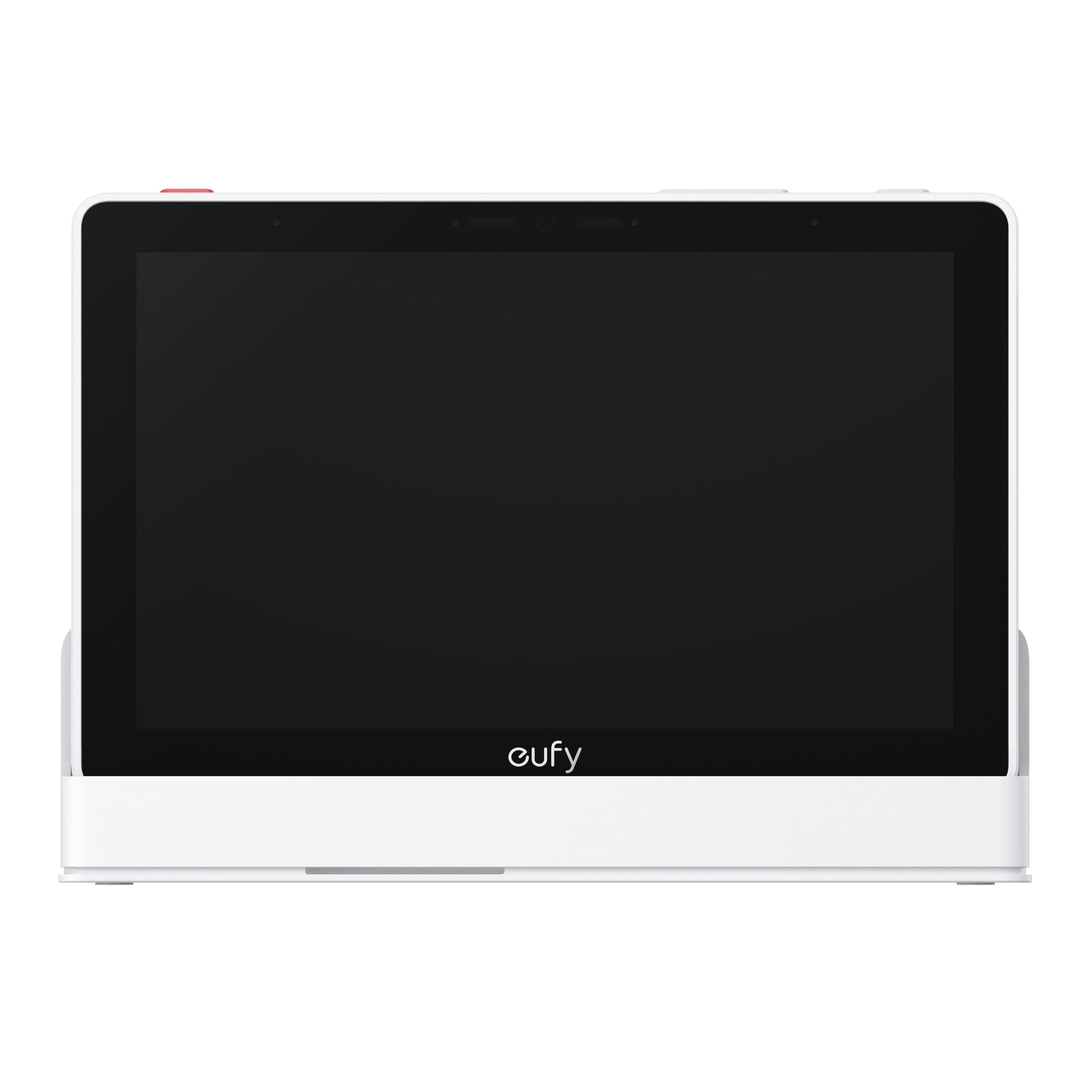 Eufy Smart Display E10 sikkerhedsdisplay sort front, stor skærm, berøringsknapper i toppen, centreret Eufy-logo.