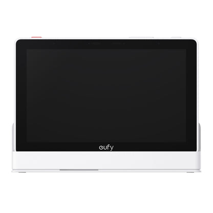 Eufy Smart Display E10 sikkerhedsdisplay sort front, stor skærm, berøringsknapper i toppen, centreret Eufy-logo.