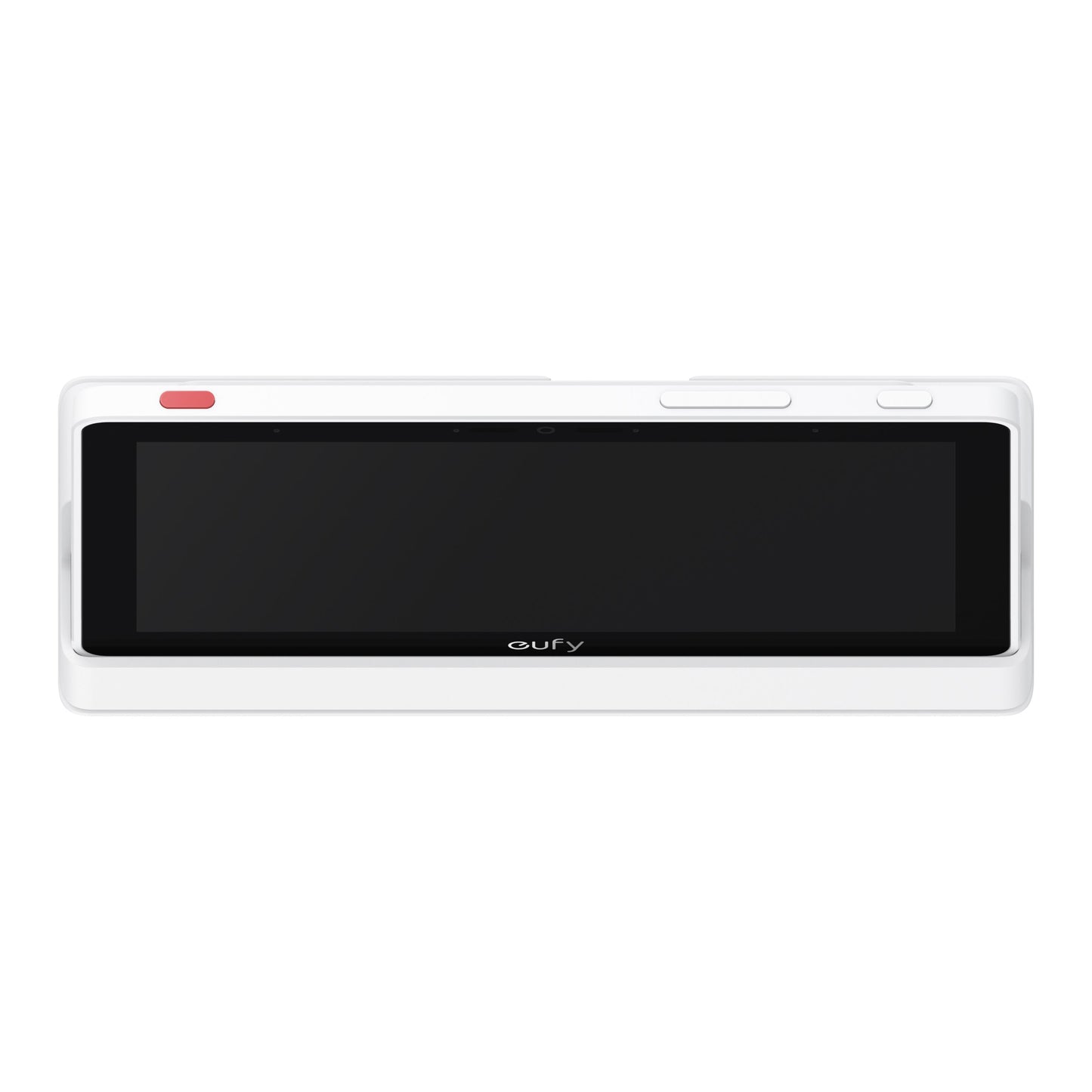 Eufy Smart Display E10 sikkerhedsdisplay hvid, sort skærm, rød knap øverst til venstre, to hvide knapper øverst til højre.