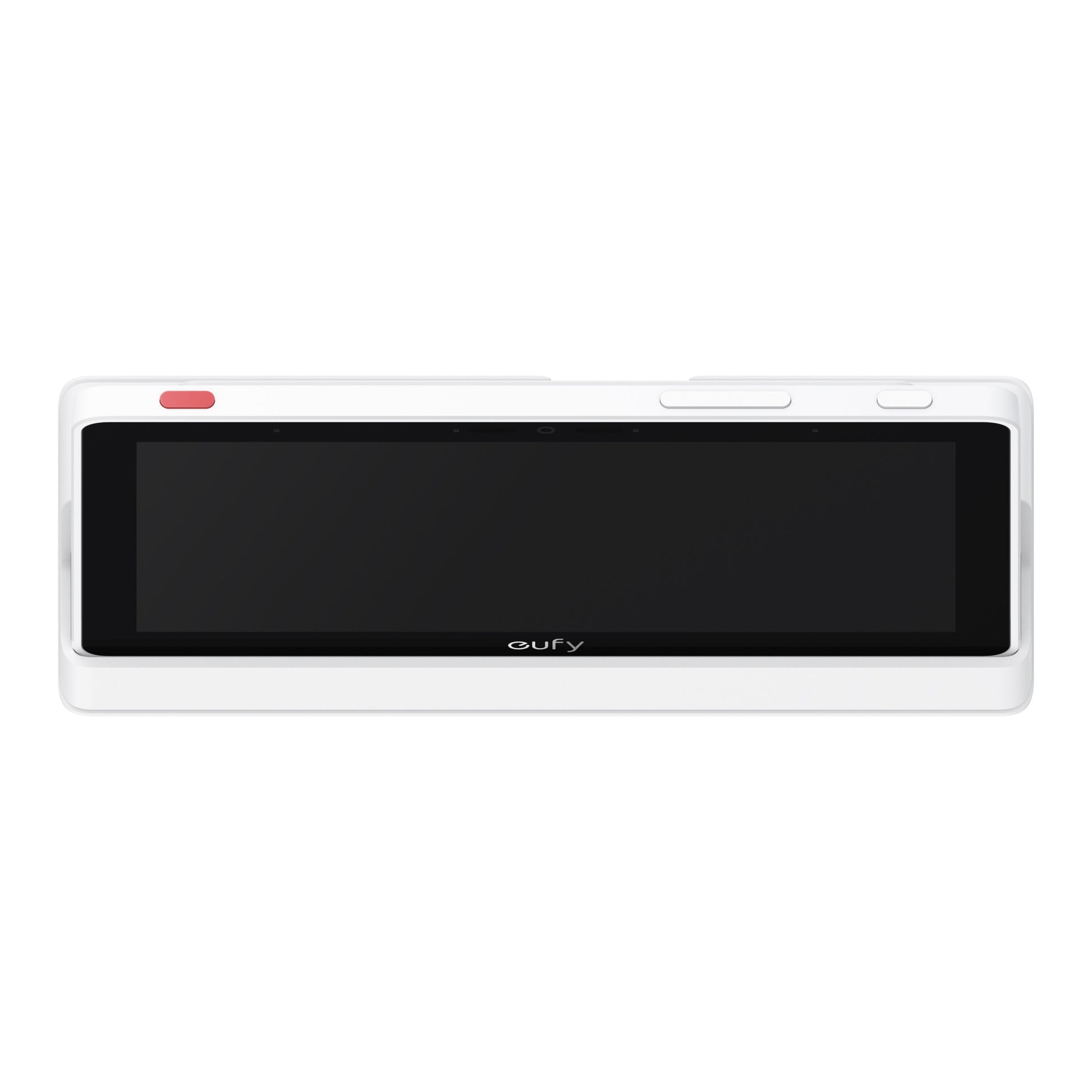 Eufy Smart Display E10 sikkerhedsdisplay hvid, sort skærm, rød knap øverst til venstre, to hvide knapper øverst til højre.