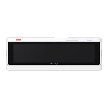 Eufy Smart Display E10 sikkerhedsdisplay hvid, sort skærm, rød knap øverst til venstre, to hvide knapper øverst til højre.