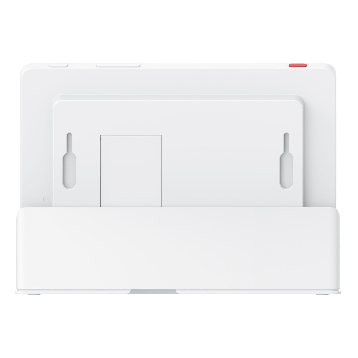 Eufy Smart Display E10 sikkerhedsdisplay hvid med indbygget stander i tilhørende opladestation set bagfra.