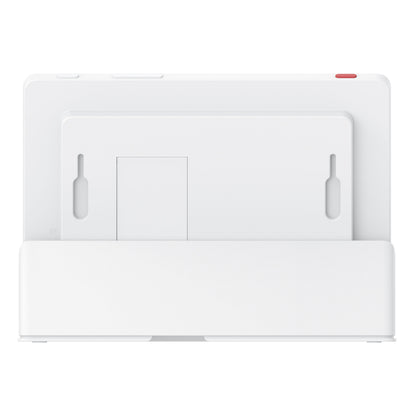 Eufy Smart Display E10 sikkerhedsdisplay hvid med indbygget stander i tilhørende opladestation set bagfra.
