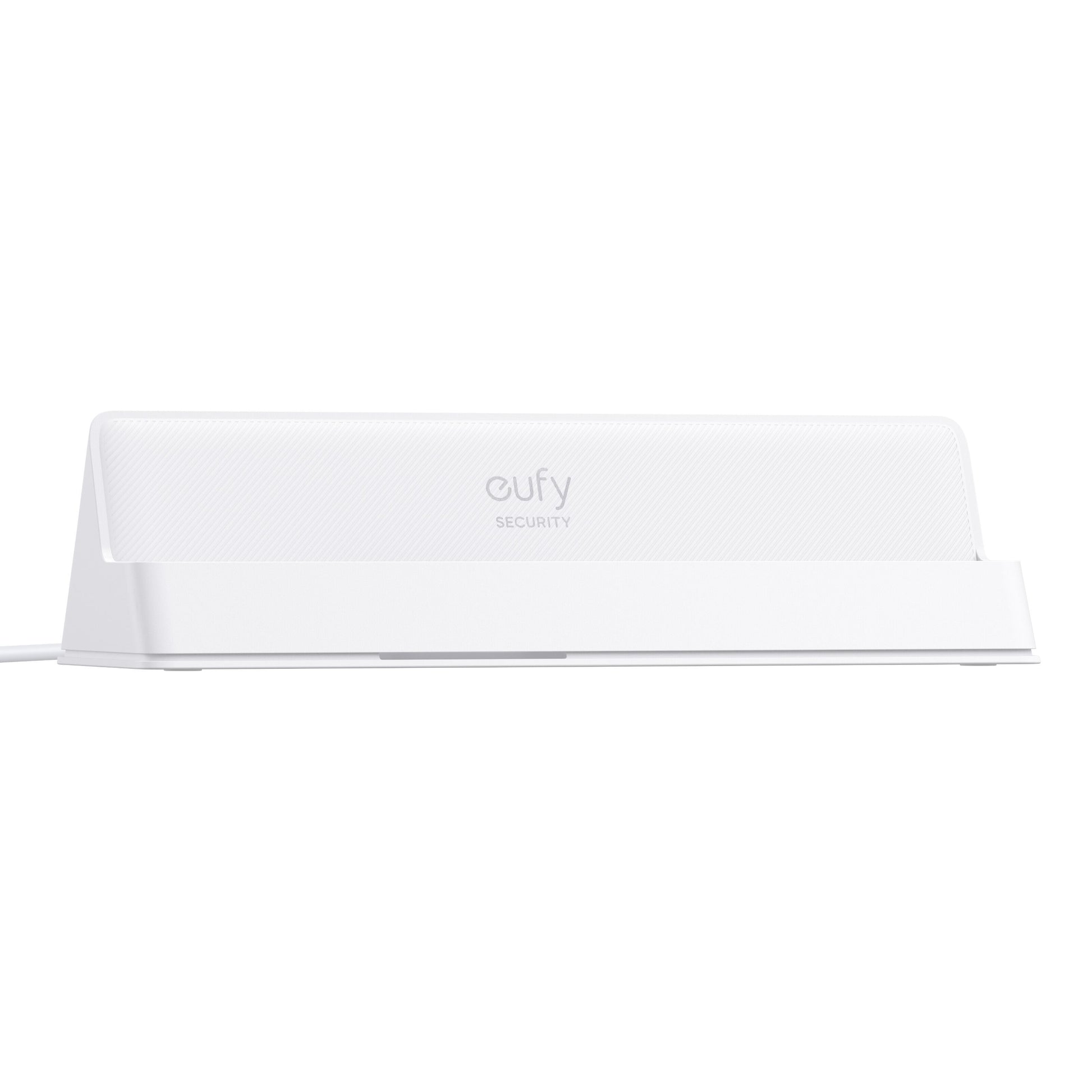 Eufy hvid ladestation med skråt design ved siden af Eufy Smart Display E10 sikkerhedsdisplay på ensartet overflade.