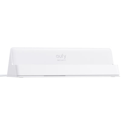 Eufy hvid ladestation med skråt design ved siden af Eufy Smart Display E10 sikkerhedsdisplay på ensartet overflade.