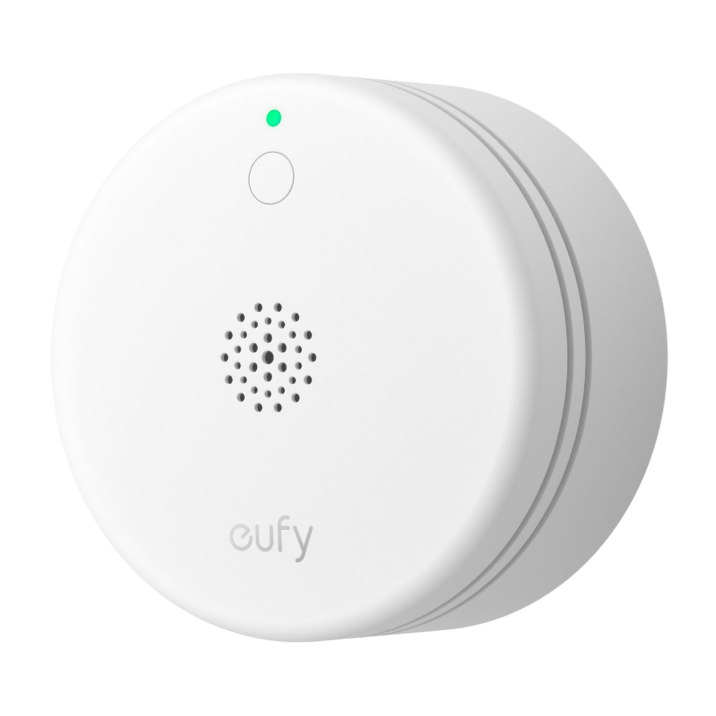 Eufy Røgsensor E10 hvid, rund med lille højttalergrill, grøn indikatorlys og Eufy-logo på fronten, kompatibel med HomeBase.