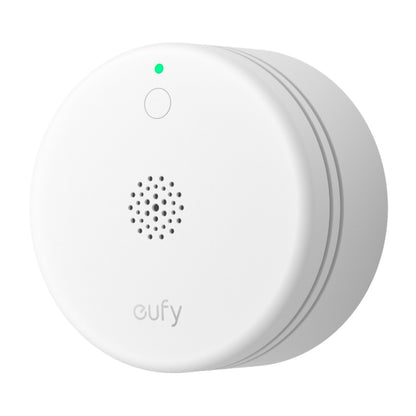 Eufy Røgsensor E10 hvid, rund med lille højttalergrill, grøn indikatorlys og Eufy-logo på fronten, kompatibel med HomeBase.