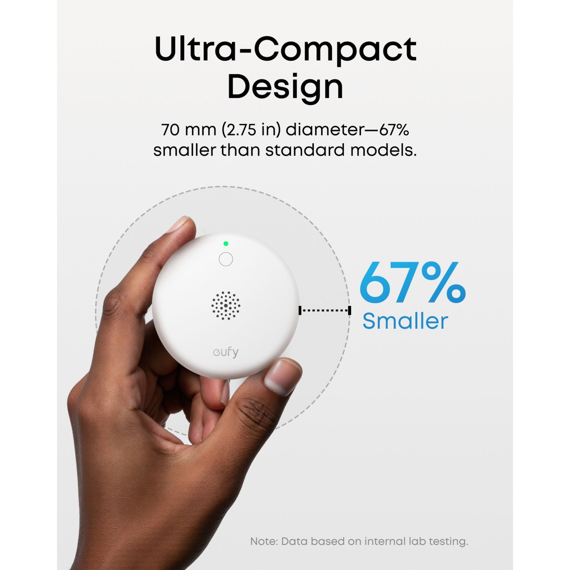 Eufy Røgsensor E10 hvid, 70 mm diameter, 67 mindre end standard, HomeBase kompatibel, tekst og blå 67-ikon vises.