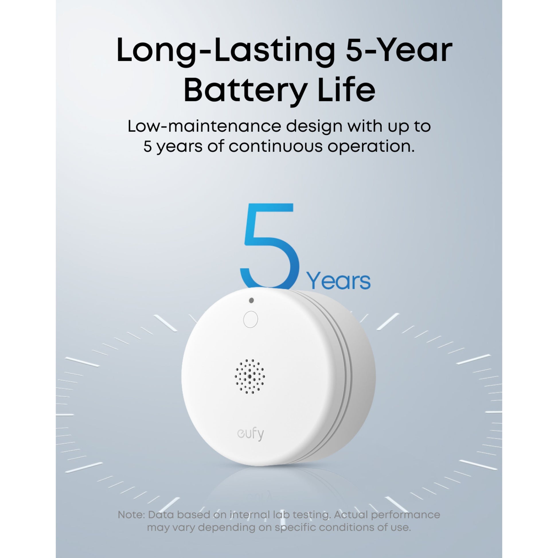 Eufy røgsensor E10 hvid, rund, med højttaler og LED, blå "5 Years" tekst, kompatibel med HomeBase smart home brandsikring.