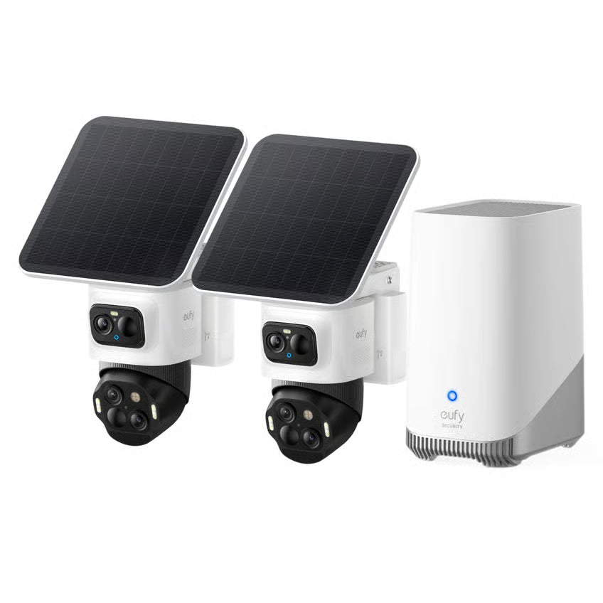 EufyCam S4 overvågningskamera, 2-pak med solcellepanel, dobbeltlinse, hvid rektangulær basestation med blå LED.