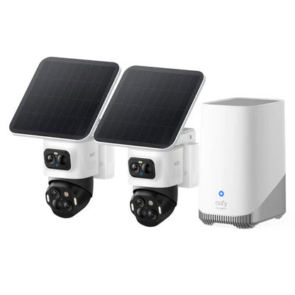 EufyCam S4 overvågningskamera, 2-pak med solcellepanel, dobbeltlinse, hvid rektangulær basestation med blå LED.