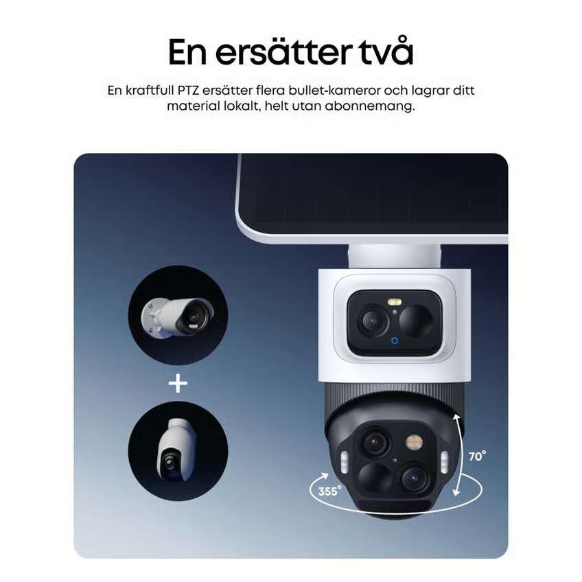 Eufy eufyCam S4 overvågningskamera med solcellepanel, 2-pak, erstatter to bullet-kameraer, vinkel- og rotationsgrader angivet.